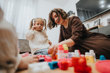 A mother and her young daughter engage in playtime, building structures with colorful toy blocks in a cozy living room, fostering creativity and family bonding.