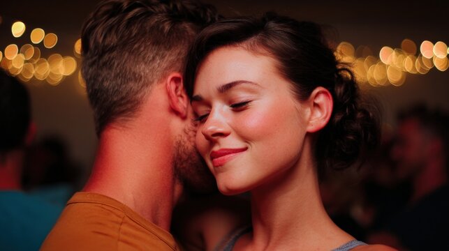 Close-up of a young couple in a romantic embrace. the man is on the left side of the image, with his head resting on the woman's shoulder. he is wearing an orange t-shirt and has short, dark hair.