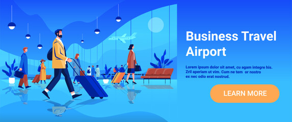 Business travel airport people walking luggage airplane modern terminal blue interior waiting area plants large windows website banner
