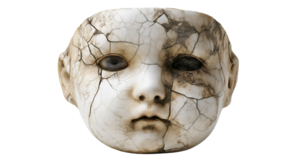A cracked porcelain doll head isolated on a white background, a scary broken toy face with black eyes, a spooky Halloween decoration, a creepy vintage object with grunge texture