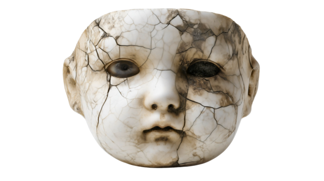 A cracked porcelain doll head isolated on a white background, a scary broken toy face with black eyes, a spooky Halloween decoration, a creepy vintage object with grunge texture