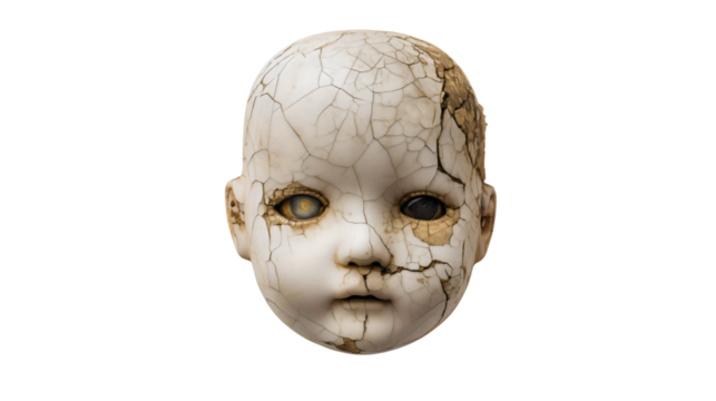 An old cracked porcelain doll face isolated on a white background, a scary broken toy head with blind eyes, a spooky Halloween concept, a creepy vintage object with grunge texture.