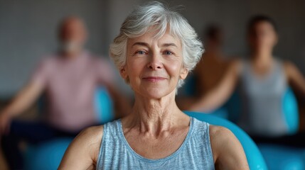 Elderly woman with short white hair, wearing a blue tank top, sitting on a blue exercise ball in a gym. she is looking directly at the camera with a slight smile on her face.