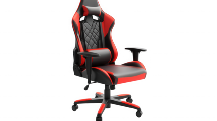 A gaming chair with red accents is displayed against a black background in a studio setting here on transparent background