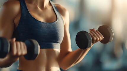 Athletic woman in sports bra lifting dumbbells during strength training workout at gym. Fitness and healthy lifestyle concept.