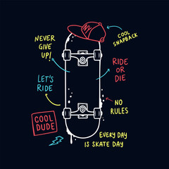 Quirky Hand drawn Skateboard with Snapback and Slogan for Youth Culture
