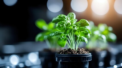 Fresh basil plant growing in small pot with bokeh background, ideal for cooking, gardening, and healthy lifestyle concepts.