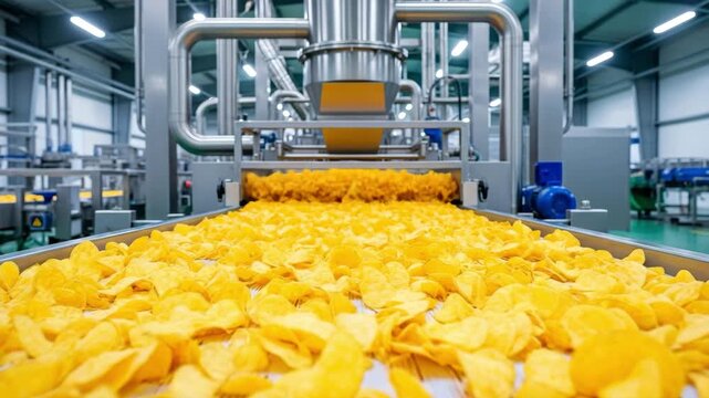 Golden chips moving on a conveyor belt in a factory setting indoors