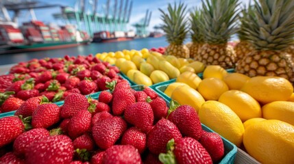 A fruit stand with a variety of fruits including strawberries, lemons, and pineapples. Concept of abundance and freshness