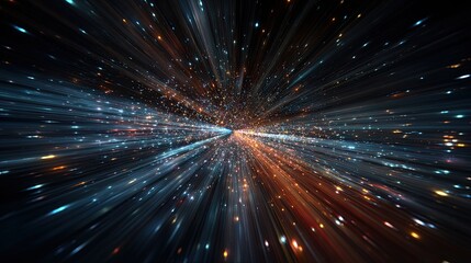 Obraz premium Flying into the galaxy at the speed of light. Colorful glowing space background. Hyperspeed teleportation.