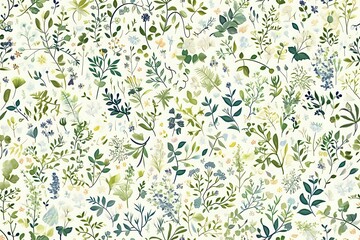 Obraz premium Delicate botanical pattern with green and blue wildflowers, herbs, and foliage on white background. Seamless floral design for fabric, wallpaper, and stationery.