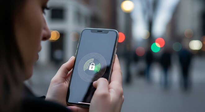 Woman Unlocking Smartphone with Face ID Recognition. young woman holding a modern smartphone in front of her face. The screen displays a scanning animation or a padlock unlocking icon - Powered by Adobe