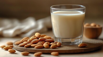 Glass of fresh almond milk with raw almonds on wooden board, healthy dairy alternative for vegan nutrition and plant-based diet.