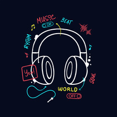 Playful Hand drawn Headphone with Music Notes and Words Creative Illustration