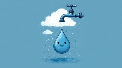 Cartoon water drop with smiling face falling from blue faucet with cloud, symbolizing water conservation and environmental awareness on blue background.