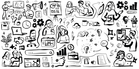 Hand drawn business workflow doodle set &ndash; office work, teamwork, project management and productivity icons