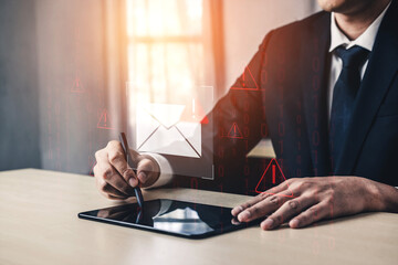 Phishing email alert concept showing digital envelope with warning sign represents data theft, network breach, and email security threats. Parse