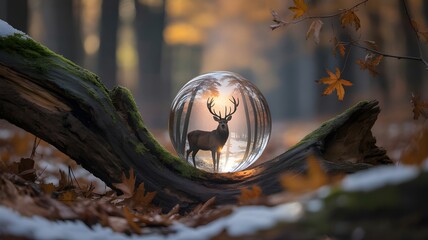 Majestic deer silhouette reflected in a crystal ball resting on a mossy fallen tree branch in autumn forest