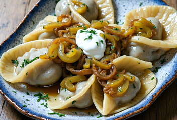 Polish Pierogi with caramelized onions and sour cream are arranged on a blue plate, garnished with parsley.
