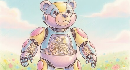 Adorable mechanized teddy bear stands in a bright, flower-filled meadow under a soft sky