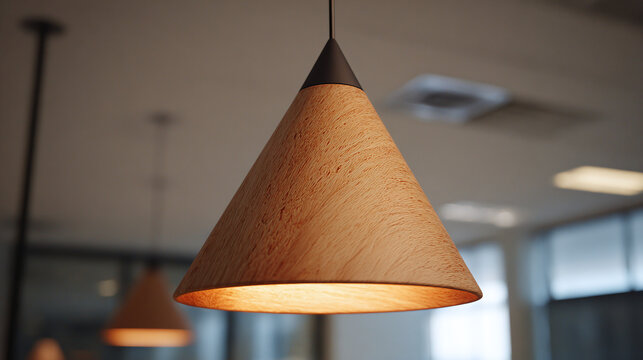 A close-up of a modern, cone-shaped pendant lamp with a warm, inviting glow, casting soft shadows