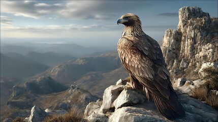 Majestic golden eagle perched on rocky mountain ledge overlooking vast landscape with dramatic sky and distant peaks at sunset.