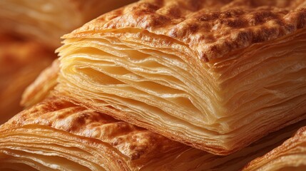 ultra realistic closeup of sliced puff pastry with rich flaky texture