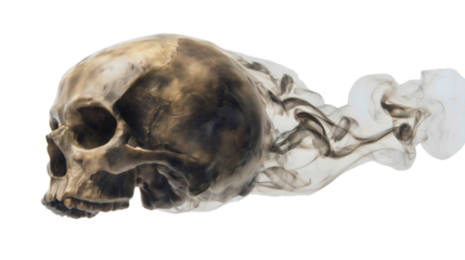 A human skull with a trail of black smoke isolated on a white background, a scary death head disintegrating into dark mist, a spooky horror concept, a creepy halloween symbol.