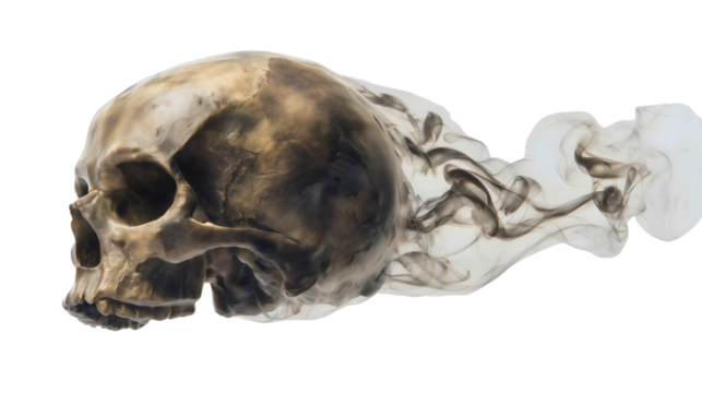 A human skull with a trail of black smoke isolated on a white background, a scary death head disintegrating into dark mist, a spooky horror concept, a creepy halloween symbol.