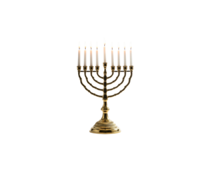 Vibrant gold menorah with lit white candles, isolated against transparent background perfect for religious and holiday themes