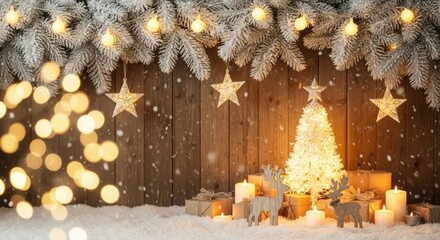 Festive snowy christmas scene with gifts, candles, tree and deer