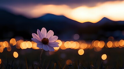 Delicate cosmos flower against mountain silhouette at sunset with bokeh lights creating dreamy atmosphere for nature photography.