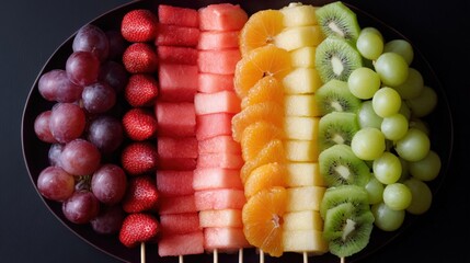 Close-up of a fruit platter with a variety of fresh fruits arranged in a circular pattern. on the left side of the platter, there are two rows of sliced watermelon, strawberries, and kiwi.