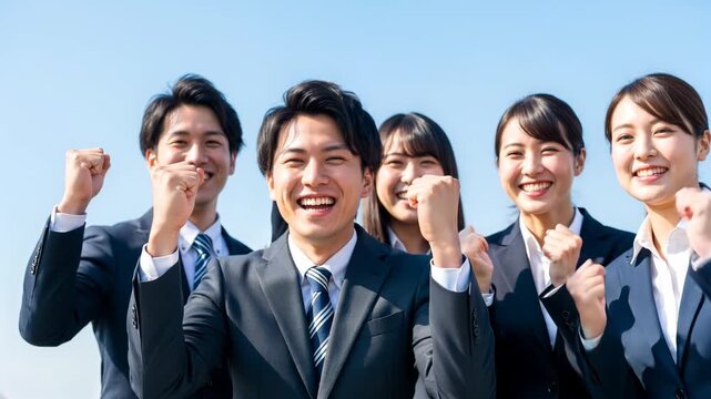 青空の下ガッツポーズをする大人数のビジネスパーソン