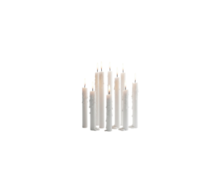 Collection of unlit white pillar candles, arranged in varying heights, isolated on a transparent background for design projects