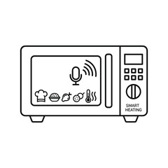 Line art icon of a smart microwave oven with voice control symbol