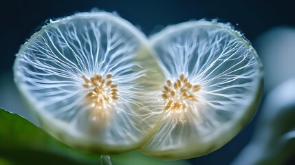 Delicate heart-shaped dandelion seed heads with glowing centers against dark background, showcasing nature's intricate design.