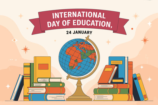 International day of education celebration with a globe surrounded by various books, symbolizing global learning and knowledge on january 24 - Powered by Adobe