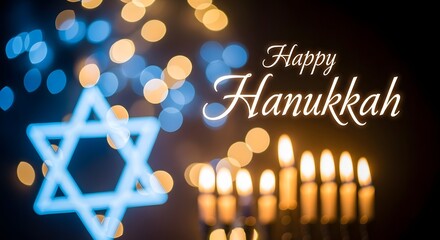 A glowing menorah with lit candles and a Star of David celebrating the Jewish holiday of Hanukkah with beautiful bokeh lights