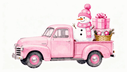 Merry Scene Pink Christmas Pickup isolated watercolor vector illustration svg © Arun168