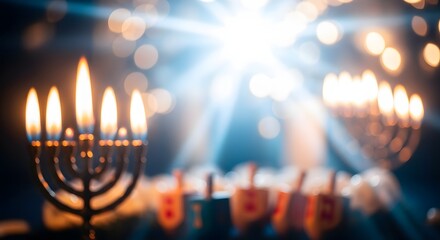 A glowing Hanukkah menorah with burning candles on a blurred background, celebrating the Jewish Festival of Lights with dreidels