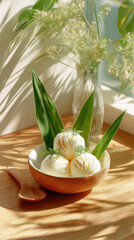 Bowl of creamy ice cream scoops garnished with fresh herbs, surrounded by green leaves under soft lighting