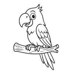Kids' Coloring Page Line Art Illustration of a Cute Cartoon Parrot Sitting on a Branch