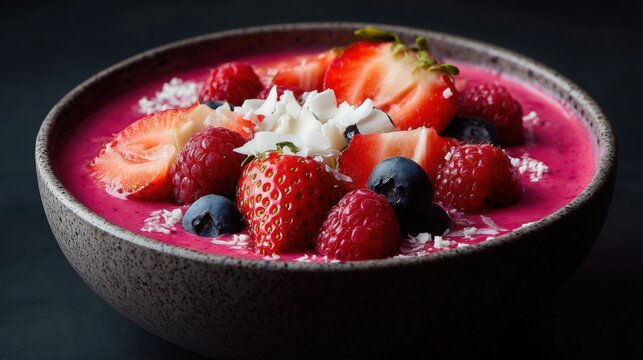 Close-up of a bowl of fruit smoothie. the bowl is made of dark grey ceramic with a speckled texture.