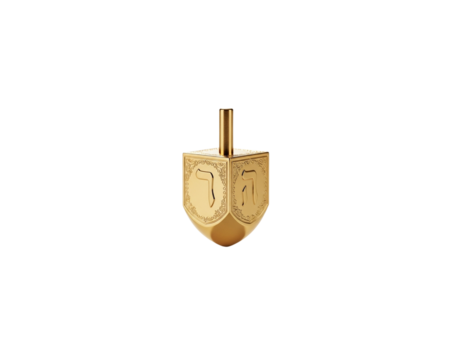 Elegant golden dreidel with intricate designs, a jewish holiday item, standing upright on a transparent backdrop