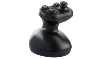 A single black joystick with multiple buttons and a control stick on a black background in a studio shot on transparent background
