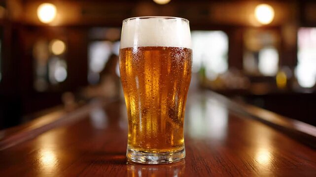 Frosty pint of golden lager on a rustic wooden bar top, condensation and froth catching warm pub light, cozy background ambiance perfect for nightlife and celebration