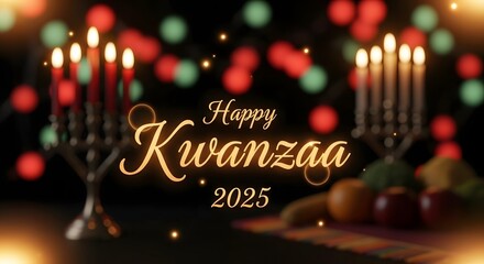 Glowing Kwanzaa Celebration with Kinara and Fruits, Welcoming 2025