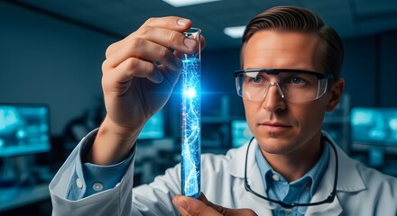 Scientist holding a test tube with glowing blue liquid in a laboratory