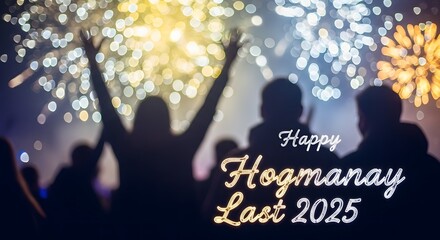 Silhouetted figures with arms raised, celebrating a vibrant new year's eve with spectacular fireworks lighting up the night sky and creating a festive atmosphere